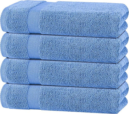 White Classic Light Blue Bath Towels 27x54 Inch, Cotton Towel Set for Bathroom, Hotel, Gym, Spa, Soft Extra Absorbent Quick Dry 4 Pack
