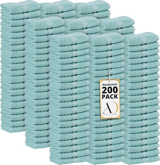 Ample Decor 100% Cotton Washcloths Set of 200 12 X 12 Inch - Highly Absorbent, Popcorn Textured - Mulaayam Collection - Mint Green 200Pcs