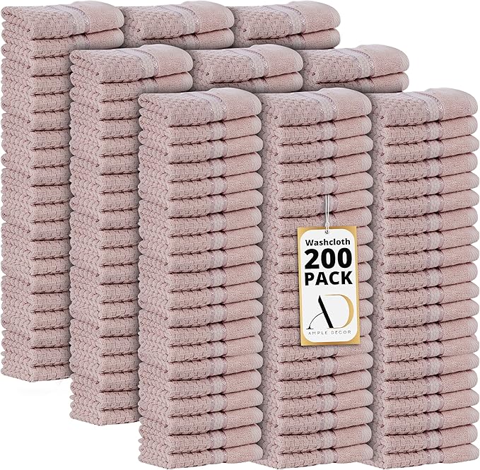 Ample Decor 100% Cotton Washcloths Set of 200- Highly Absorbent, Popcorn Textured - Mulaayam Collection - Soft Pink 12 X 12 Inch