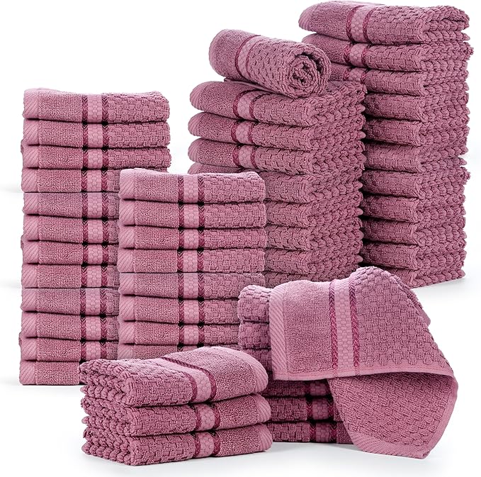 Ample Decor 100% Cotton Washcloths Set of 50 - Highly Absorbent, Popcorn Textured - Mulaayam Collection - Grape Purple 12 X 12 Inch