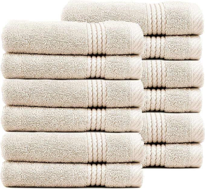 EastNBlue Lara 100% Turkish Cotton Washcloths 12 Pack, Extra Soft & Absorbent Wash Cloths for Face & Body (12" x 12"), Terry Cloth, Small Hand Towels for Bathroom, Beige