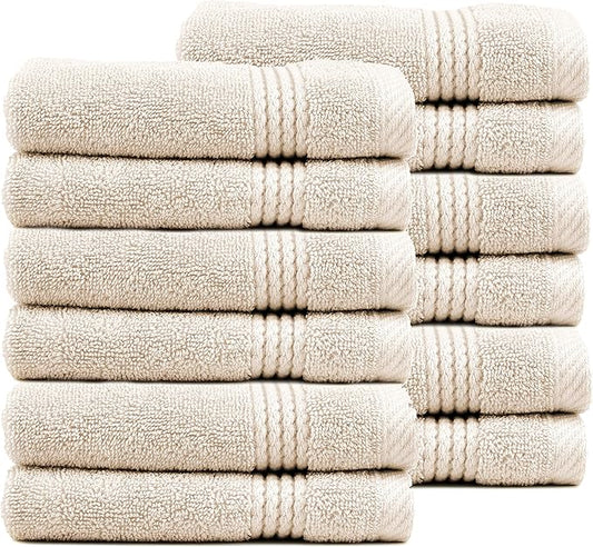 EastNBlue Lara 100% Turkish Cotton Washcloths 12 Pack, Extra Soft & Absorbent Wash Cloths for Face & Body (12" x 12"), Terry Cloth, Small Hand Towels for Bathroom, Beige