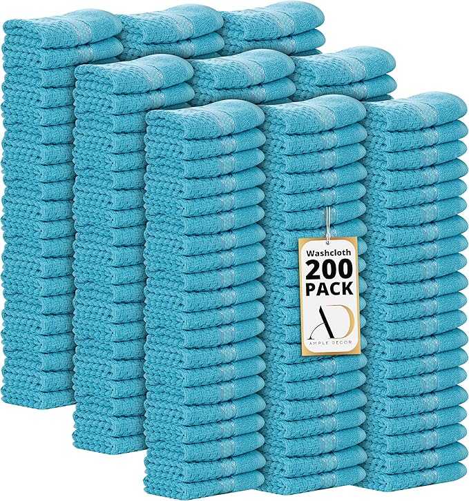 Ample Decor Washcloth Set of 200 Sky Blue 100% Cotton - Qucik Dry Popcorn Textured - Mulaayam Collection - 12 X 12 Inch