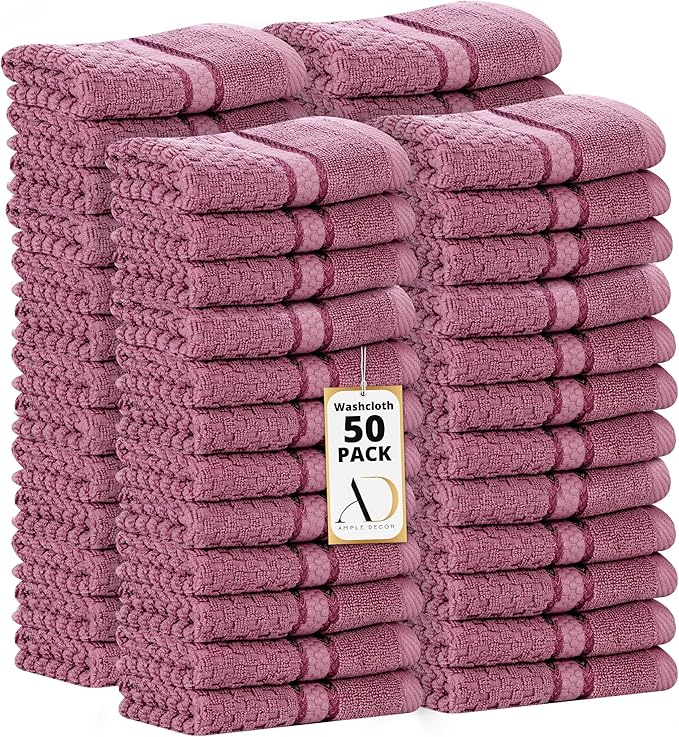 Ample Decor 100% Cotton Washcloths Set of 50 - Highly Absorbent, Popcorn Textured - Mulaayam Collection - Grape Purple 12 X 12 Inch