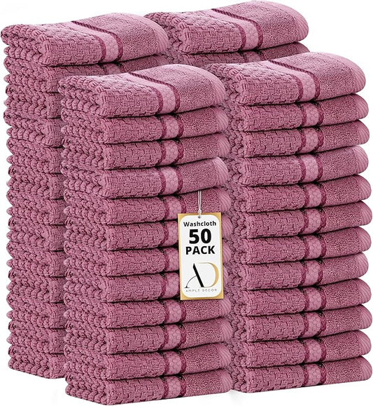 Ample Decor 100% Cotton Washcloths Set of 50 - Highly Absorbent, Popcorn Textured - Mulaayam Collection - Grape Purple 12 X 12 Inch