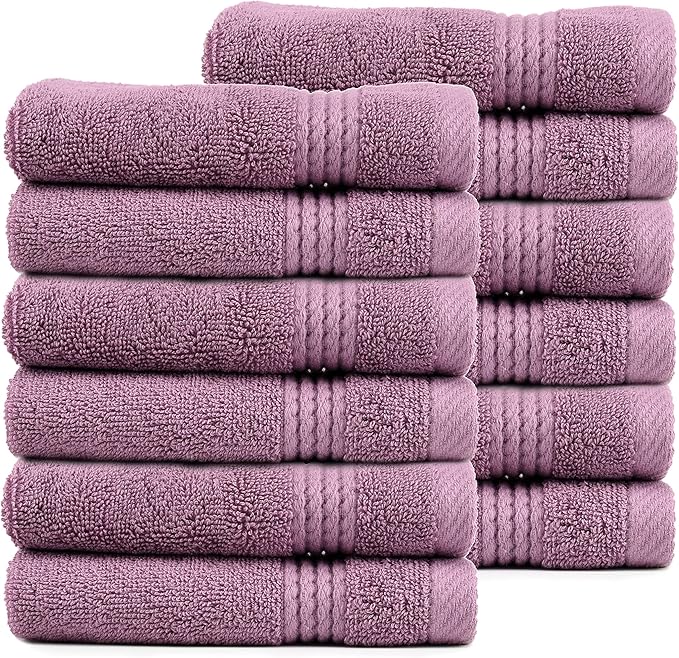 EastNBlue Lara 100% Turkish Cotton Washcloths 12 Pack, Extra Soft & Absorbent Wash Cloths for Face & Body (12" x 12"), Terry Cloth, Small Hand Towels for Bathroom, Damson (Purple)