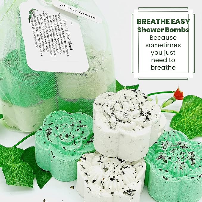 Breathe Easy Aromatherapy Shower Bombs (5PK XTRA STRENGTH) – Menthol, Peppermint, Rosemary Essential Oils – Ease Sinus, Colds, Cough, Congestion – Spa Christmas Gift (No Shower Bomb Bag)